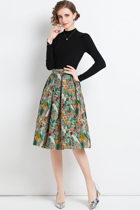 Chic & Elegant Fall 2-Pc Mock Neck Knitted Top + Floral Skirt, Office, Evening Dress